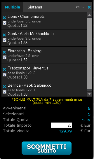 scommessa pronta europa league
