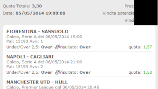 Ricevuta scommessa vincente serie a turno infrasettimanale del 6 maggio 2014