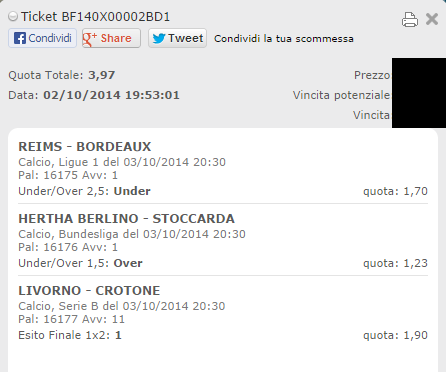 Schedina vincente venerdì 03 Ottobre 2014