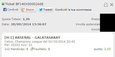 Pronostici vincenti Champions League 01-10-2014 giocati in singola