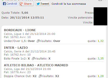 Scommesse Vincenti Week-End 20 e 21-12-2014