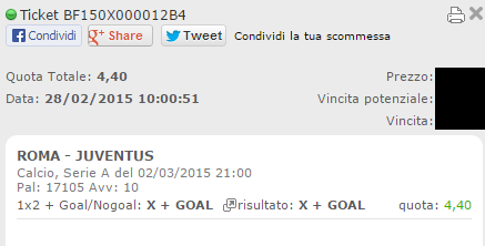 Combo vincente Roma-Juventus 2-3-15