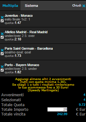 scommessa pronta champions league