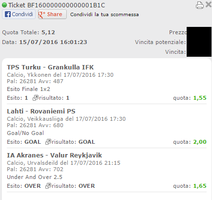 scommessa vincente 17-07-16