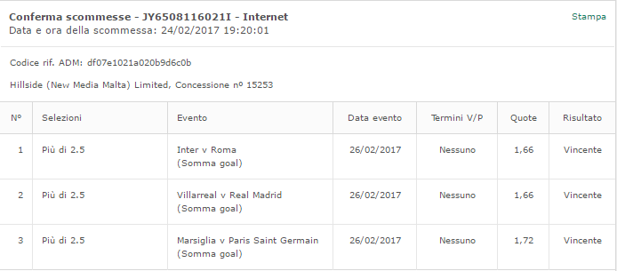 schedina mista vincente