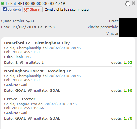 schedina vincente 20-02-18