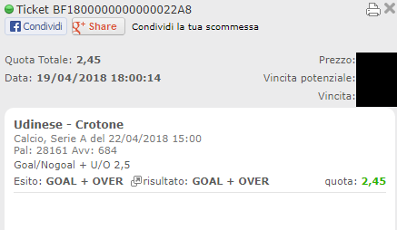 combo vincente udinese-crotone
