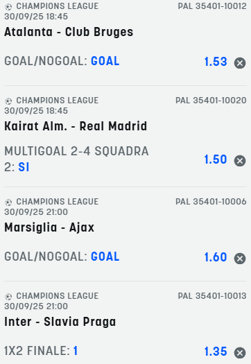 scommesse pronte Champions League 2025-09-30